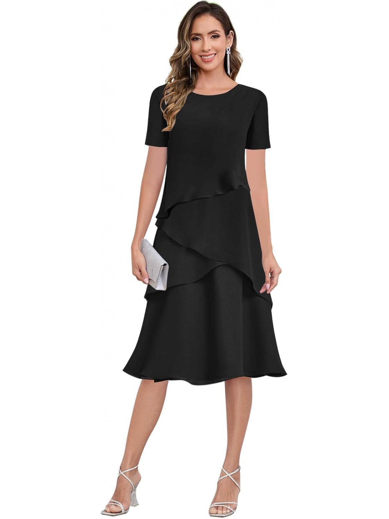 BUCHUCA Mother of the Bride Dress – Ruffled Short Sleeve Chiffon Formal Gown