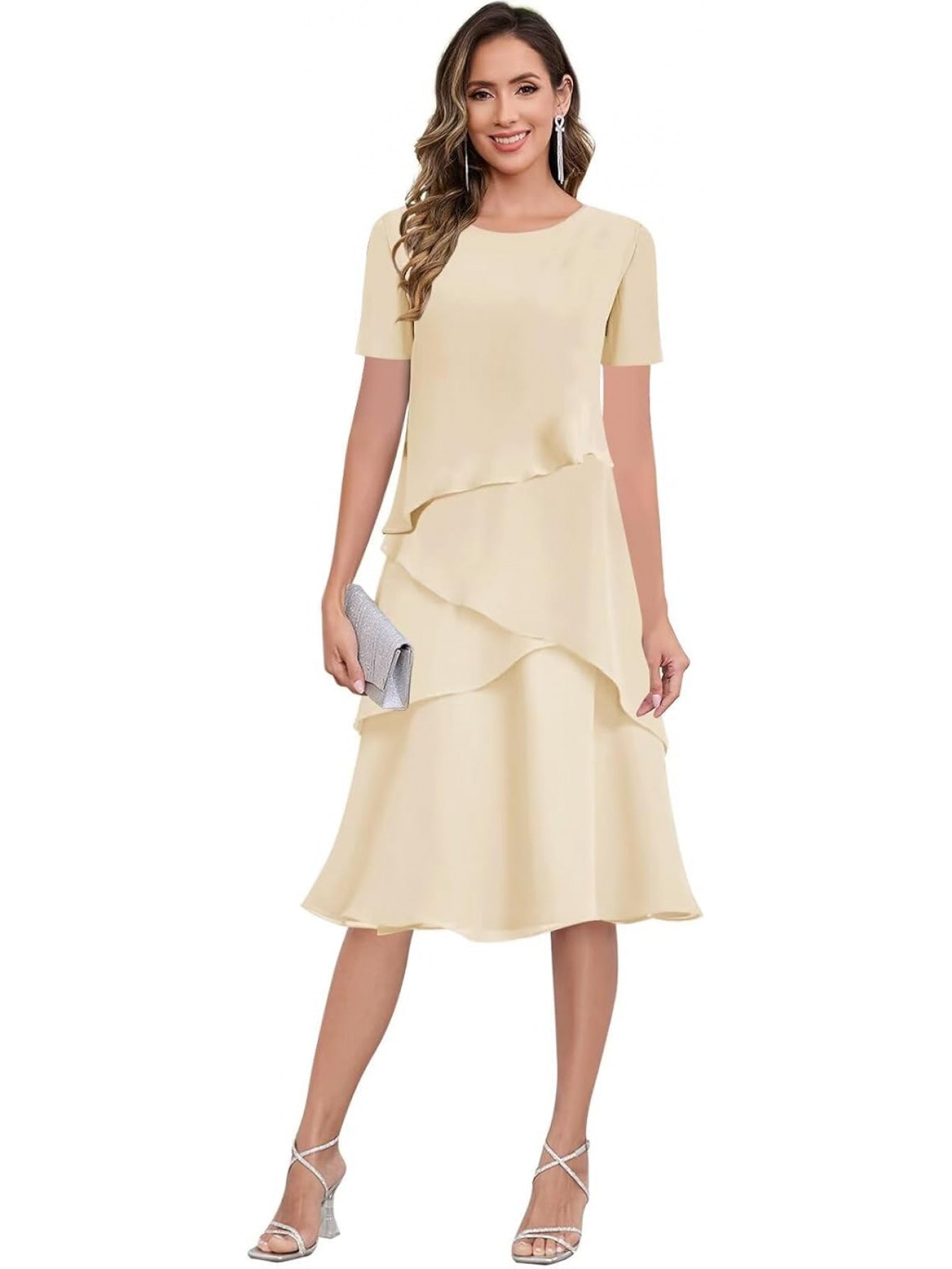 BUCHUCA Mother of the Bride Dress – Ruffled Short Sleeve Chiffon Formal Gown