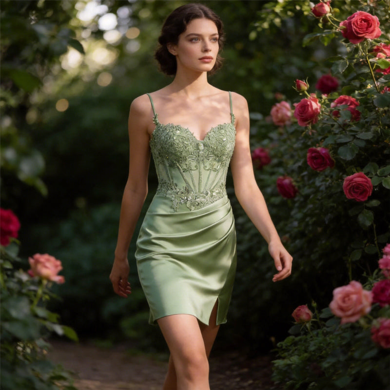 BUCHUCA Teen Homecoming Dress – Lace Applique Corset Satin Mini Cocktail Dress