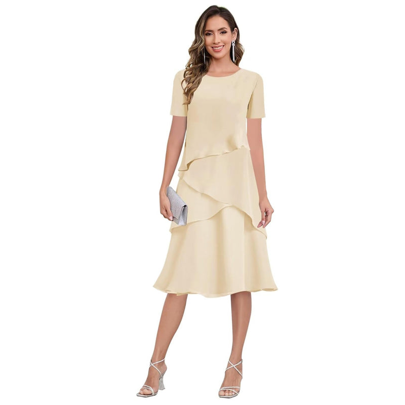 BUCHUCA Mother of the Bride Dress – Ruffled Short Sleeve Chiffon Formal Gown