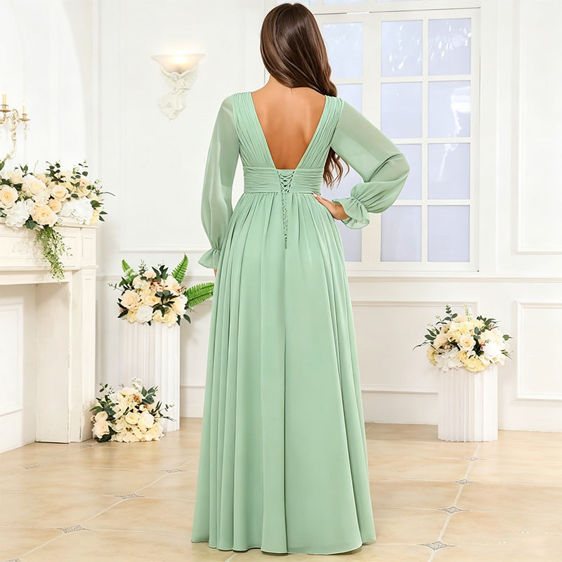 BUCHUCA Women's V-Neck Chiffon Bridesmaid Dress Long Sleeve Formal Evening Gown with Side Slit