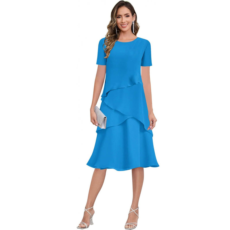 BUCHUCA Mother of the Bride Dress – Ruffled Short Sleeve Chiffon Formal Gown