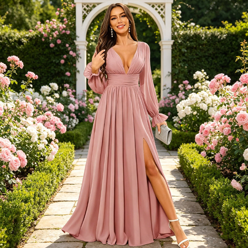 BUCHUCA Women's V-Neck Chiffon Bridesmaid Dress Long Sleeve Formal Evening Gown with Side Slit