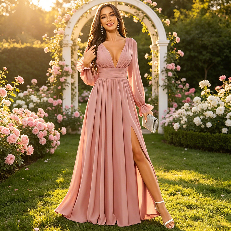 BUCHUCA Women's V-Neck Chiffon Bridesmaid Dress Long Sleeve Formal Evening Gown with Side Slit