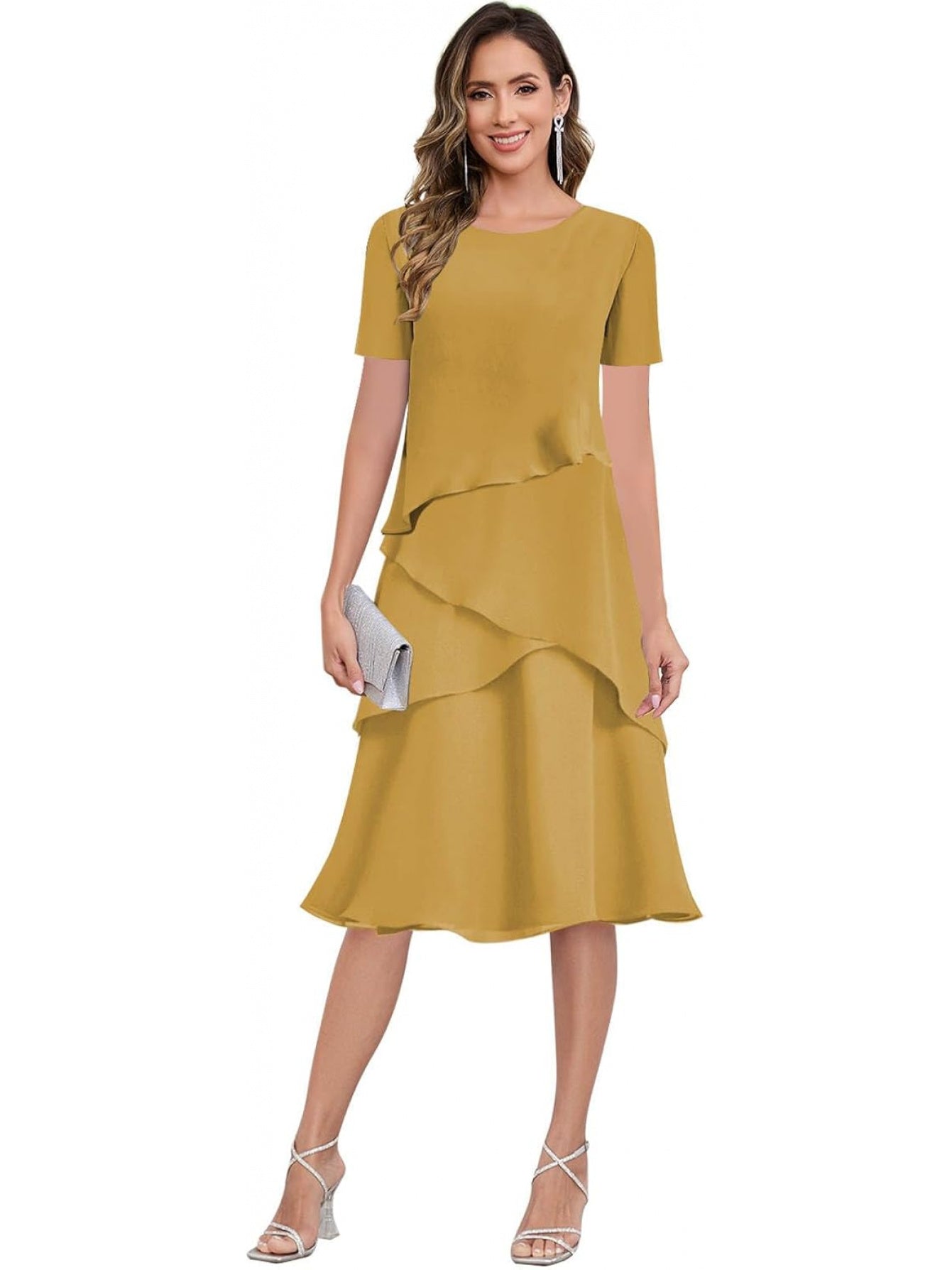 BUCHUCA Mother of the Bride Dress – Ruffled Short Sleeve Chiffon Formal Gown