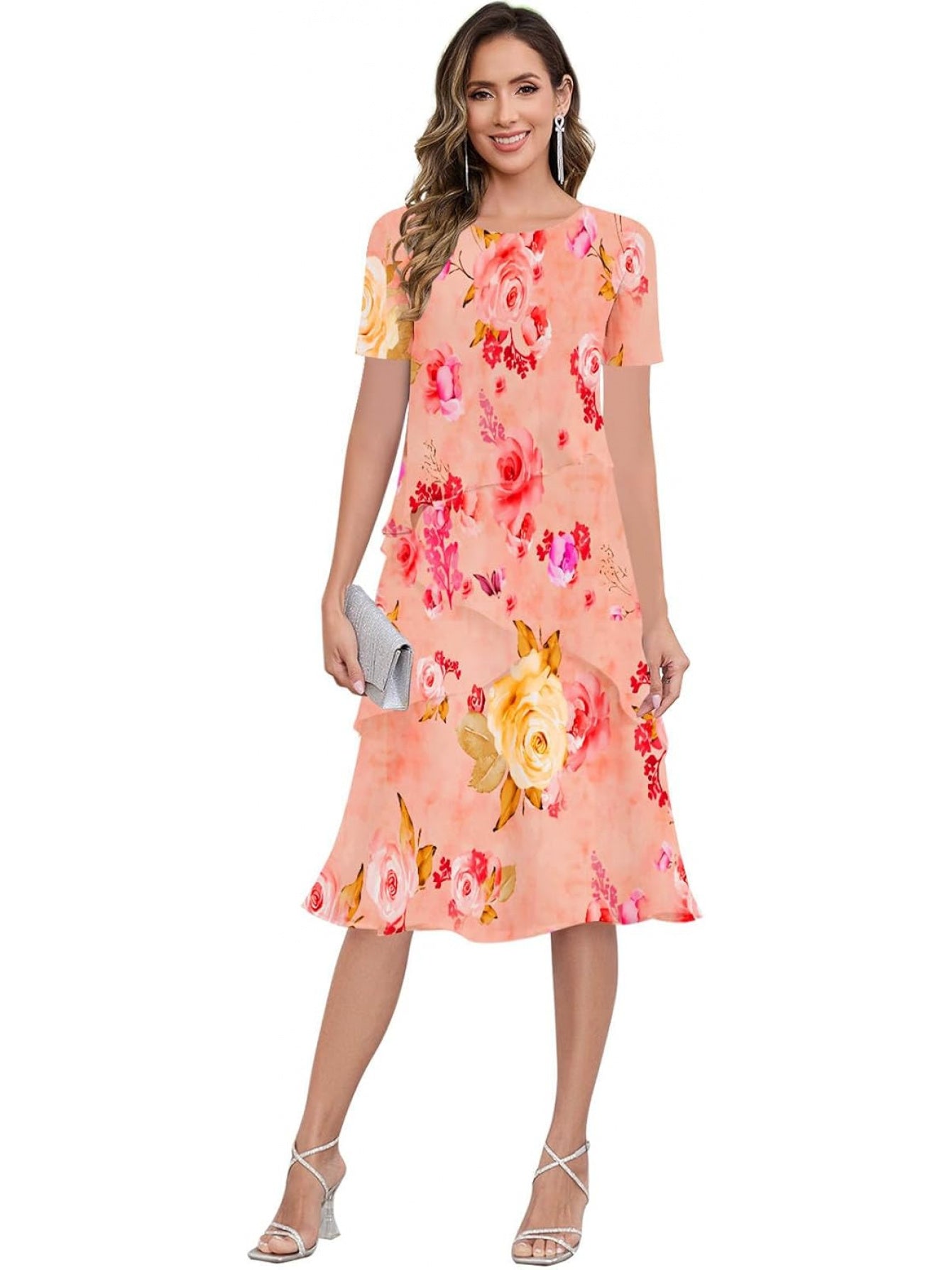 BUCHUCA Mother of the Bride Dress – Ruffled Short Sleeve Chiffon Formal Gown