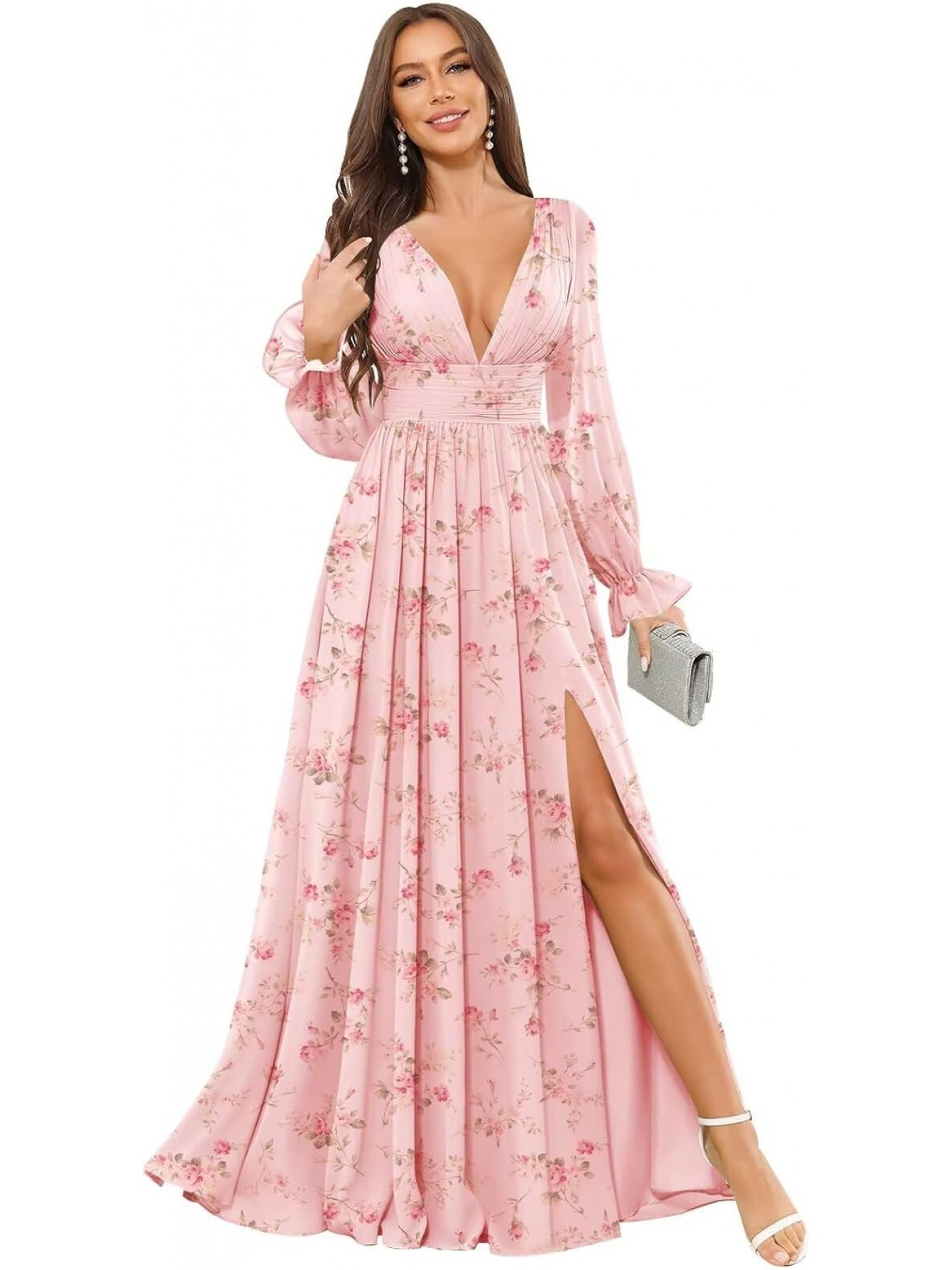 BUCHUCA Women's V-Neck Chiffon Bridesmaid Dress Long Sleeve Formal Evening Gown with Side Slit