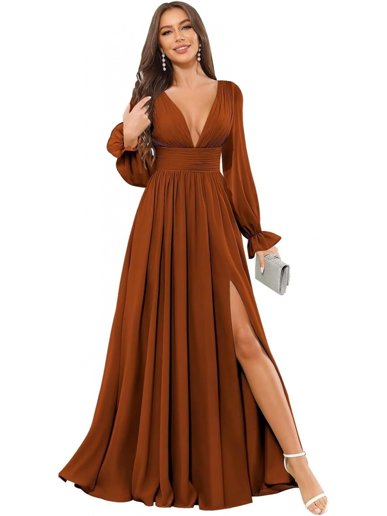 BUCHUCA Women's V-Neck Chiffon Bridesmaid Dress Long Sleeve Formal Evening Gown with Side Slit