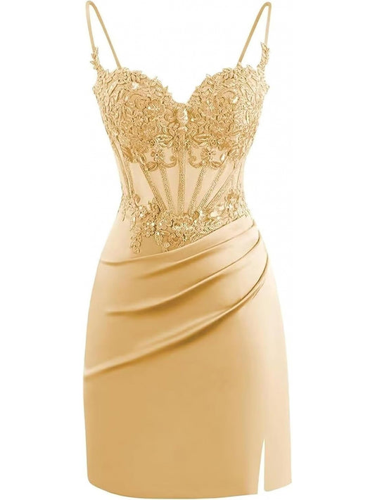 BUCHUCA Teen Homecoming Dress – Lace Applique Corset Satin Mini Cocktail Dress