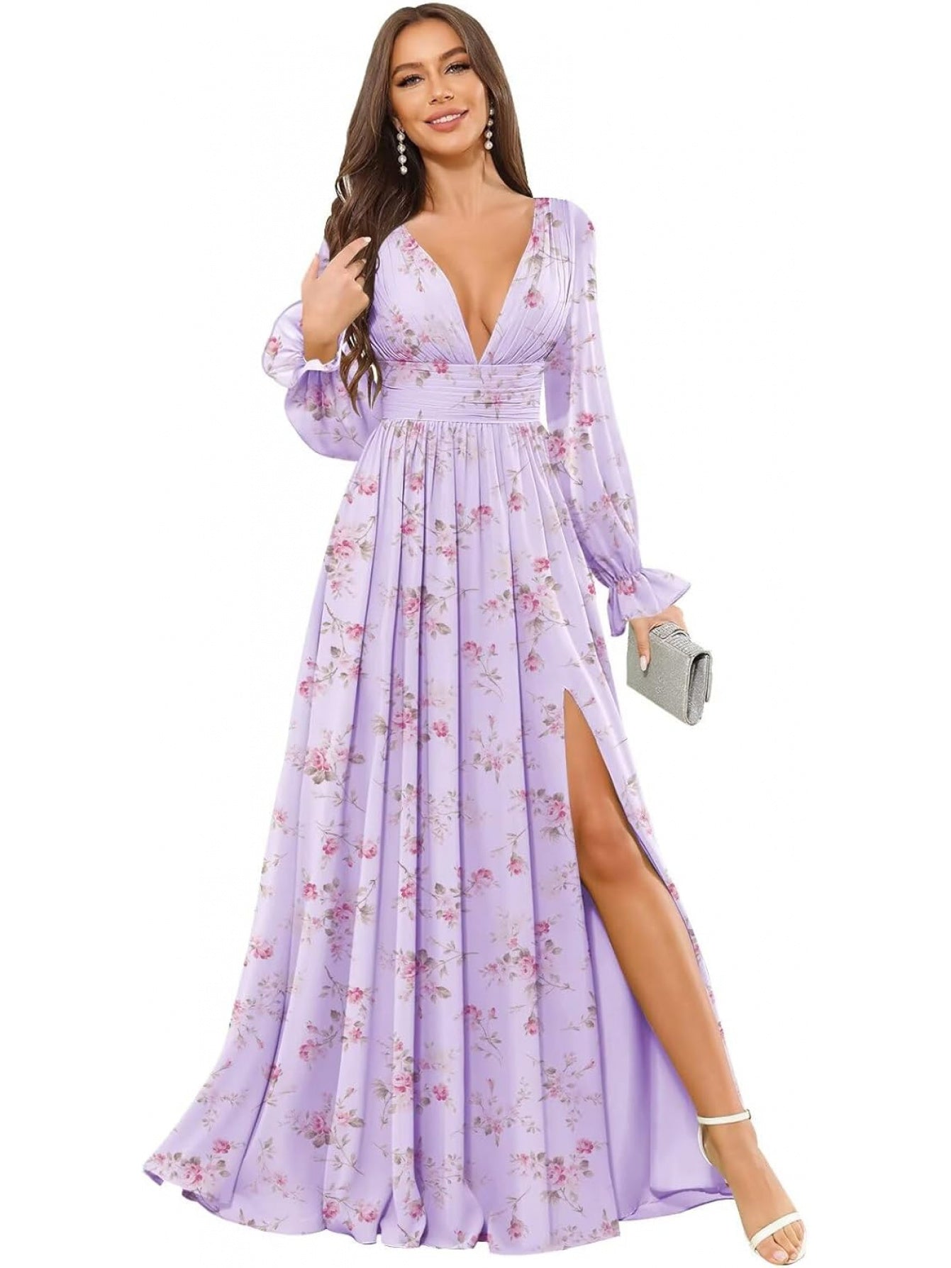 BUCHUCA Women's V-Neck Chiffon Bridesmaid Dress Long Sleeve Formal Evening Gown with Side Slit