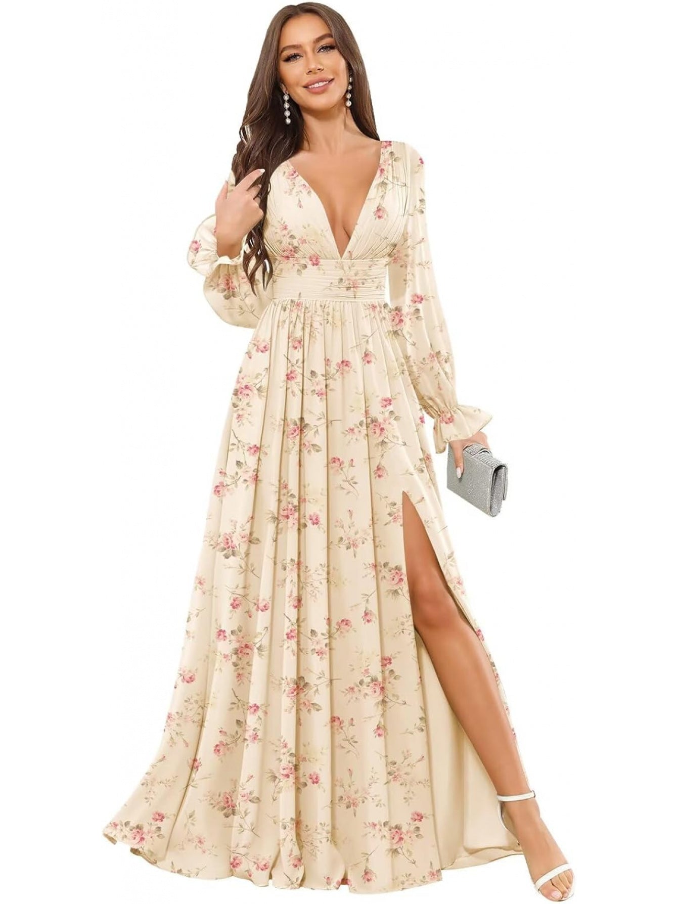 BUCHUCA Women's V-Neck Chiffon Bridesmaid Dress Long Sleeve Formal Evening Gown with Side Slit