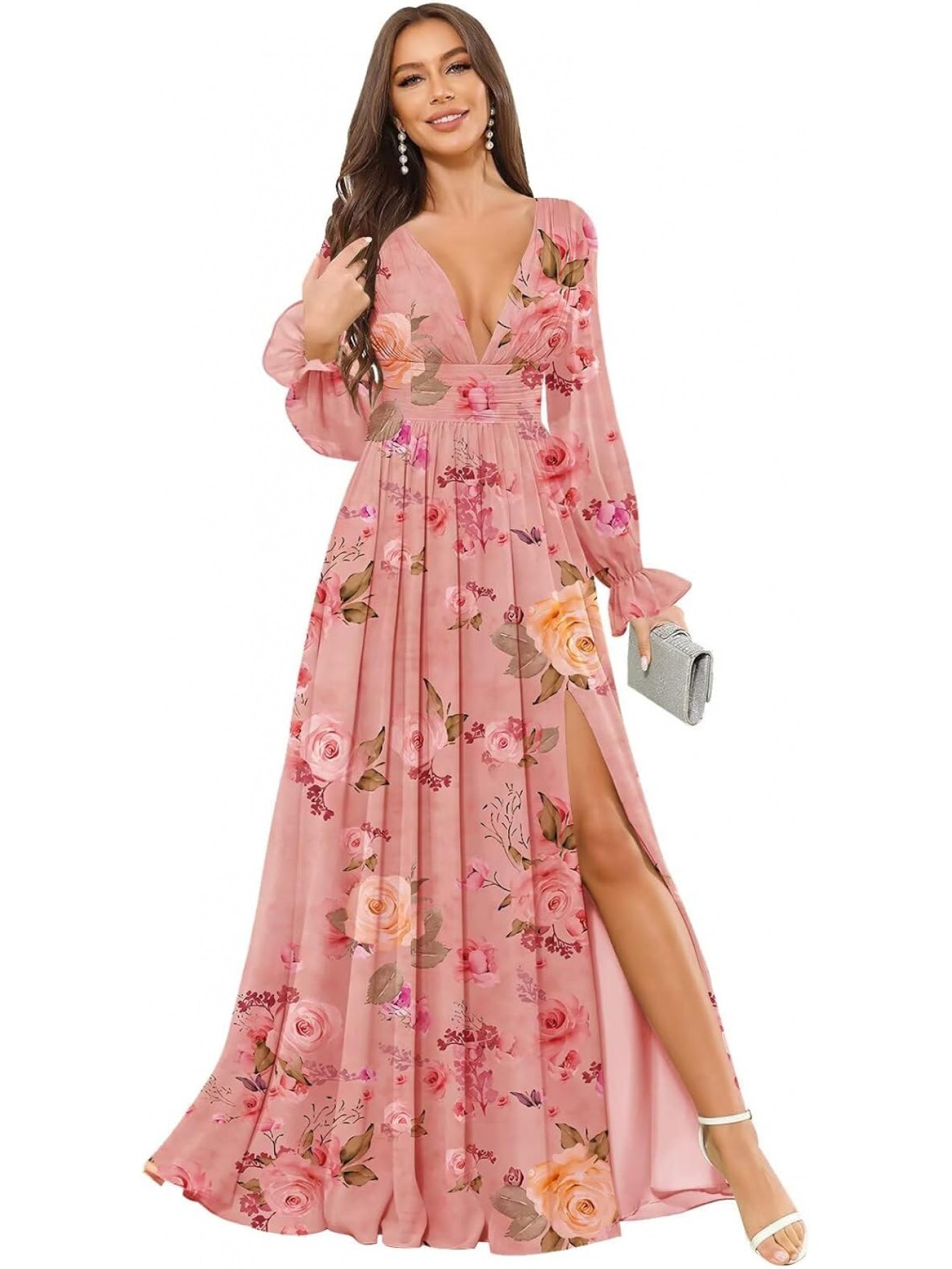 BUCHUCA Women's V-Neck Chiffon Bridesmaid Dress Long Sleeve Formal Evening Gown with Side Slit