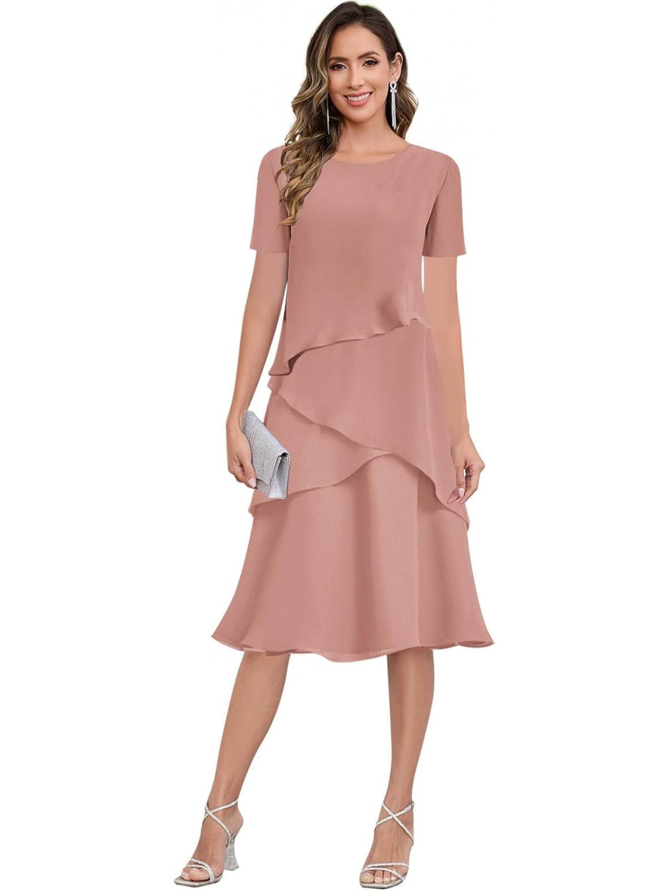 BUCHUCA Mother of the Bride Dress – Ruffled Short Sleeve Chiffon Formal Gown