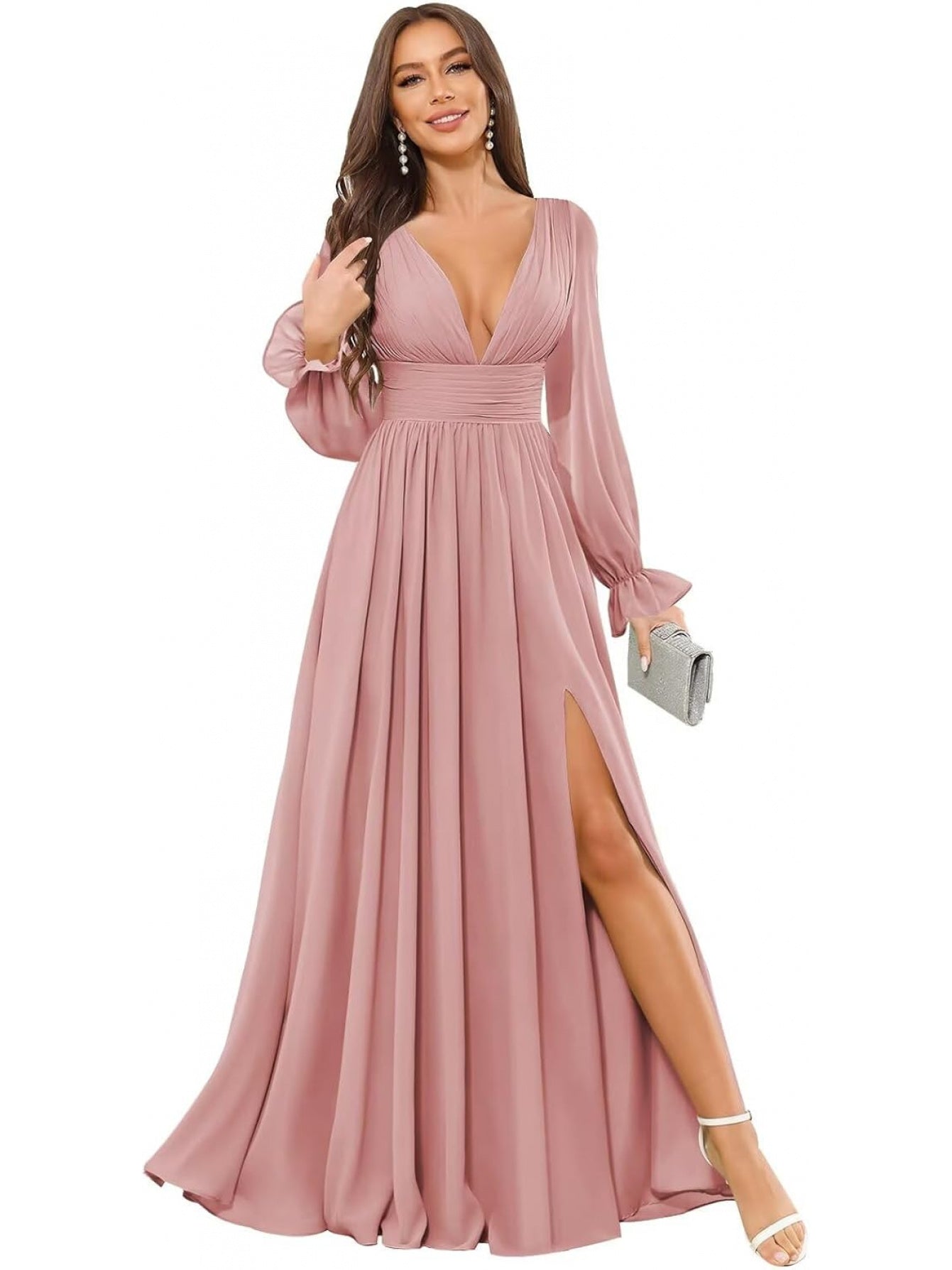 BUCHUCA Women's V-Neck Chiffon Bridesmaid Dress Long Sleeve Formal Evening Gown with Side Slit
