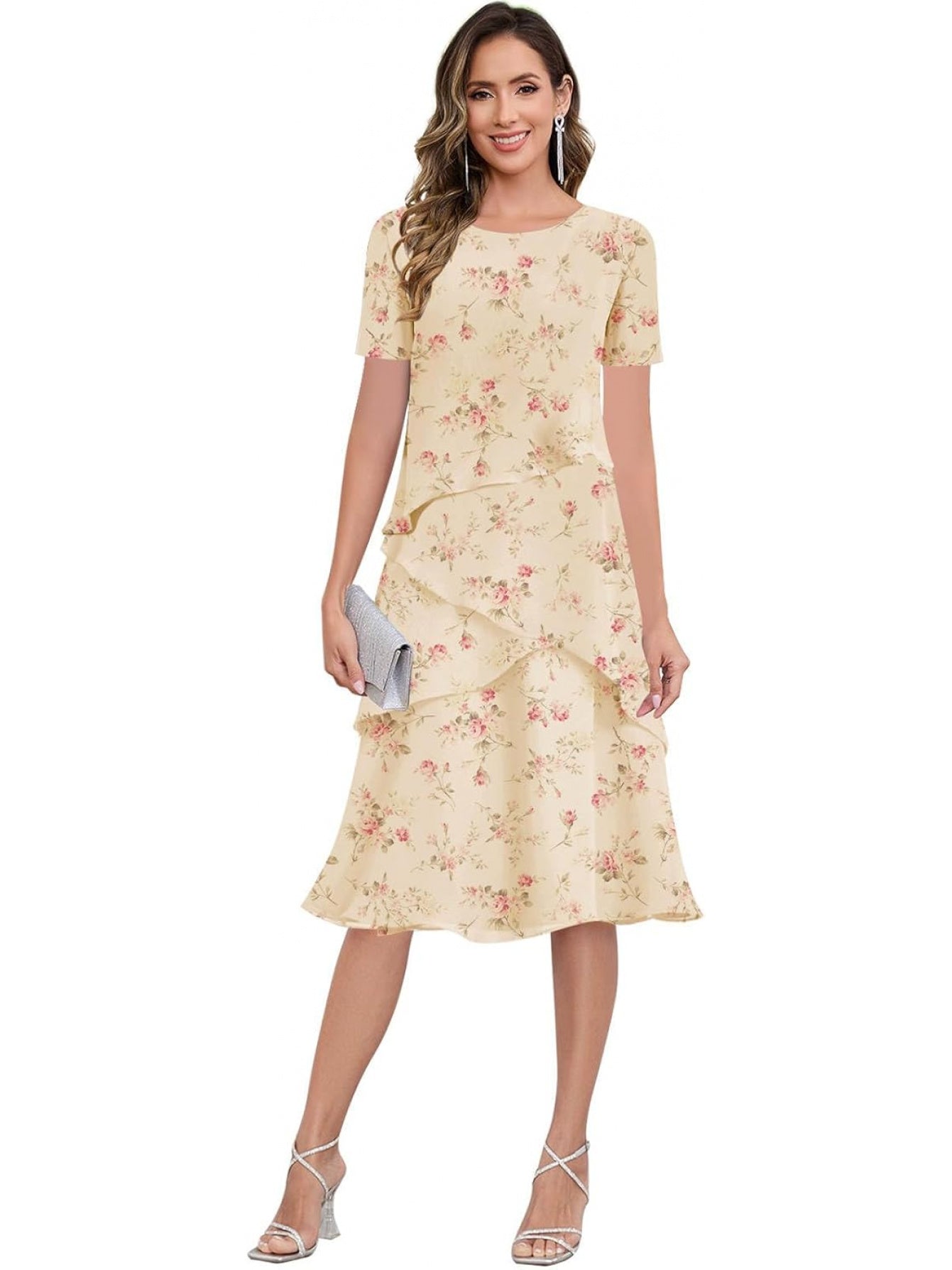 BUCHUCA Mother of the Bride Dress – Ruffled Short Sleeve Chiffon Formal Gown